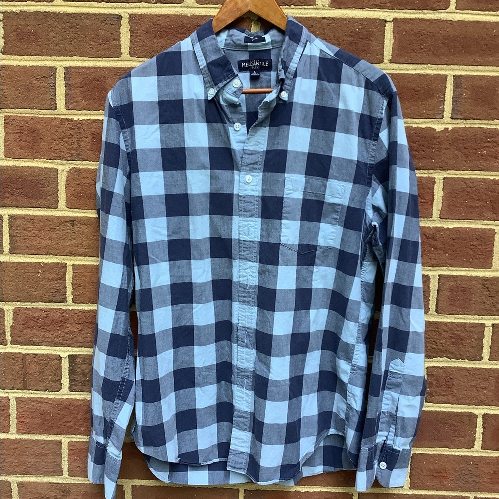 EUC J. Crew Mercantile Men's Blue Checkered Plaid Button Shirt L